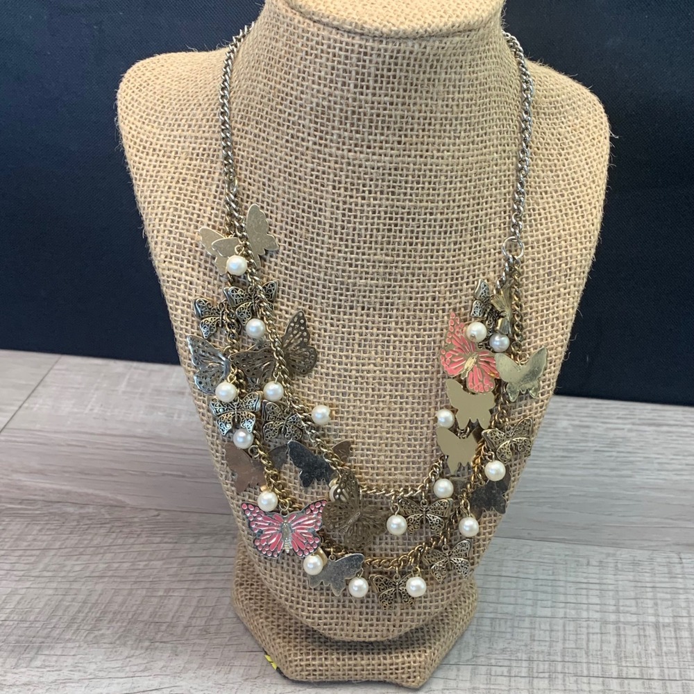 Claire's Butterfly Statement Necklace Faux Pearl Multi Strand Gold Pink 18 Inch